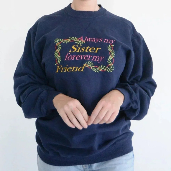 Vintage Lerzees Activewear Always My  Sister Forever Friends Navy Sweater M - Picture 2 of 11
